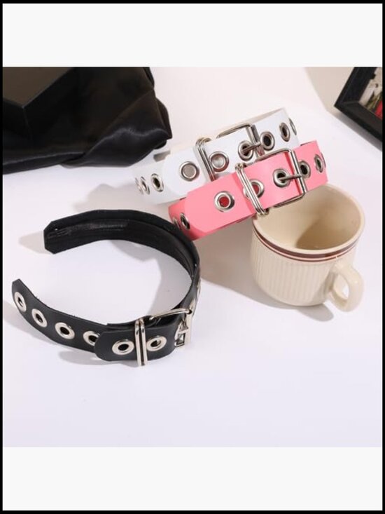 Gothic Punk Metal Buckle Headband Set Black Faux Leather Belt Design Hair